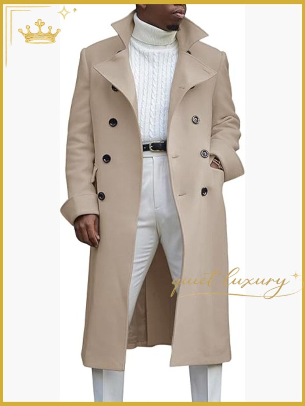 Men's Notch Lapel Double Breasted Long Trench Coat Cotton Blend Peacoat